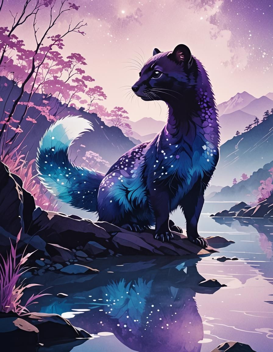 Weasel Silhouette in Mountain Valley, Double Exposure Art