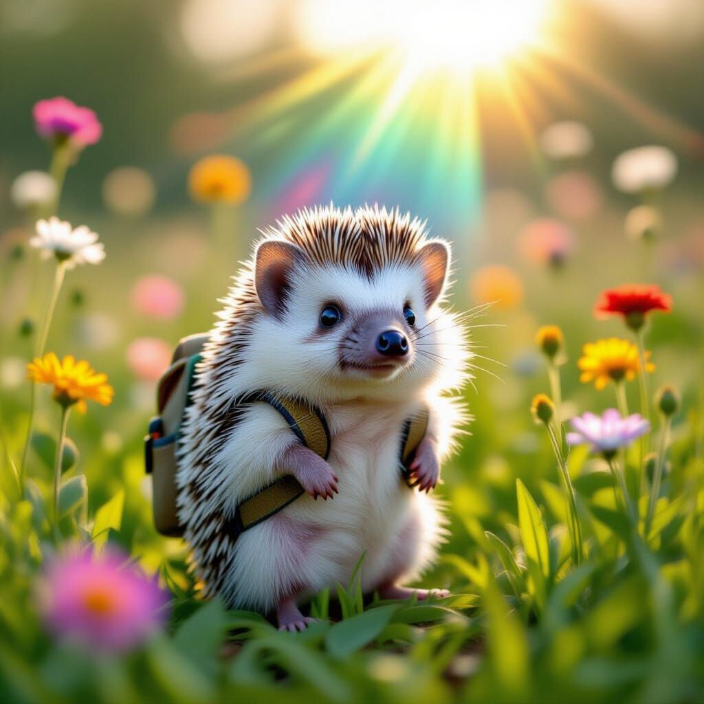 Hedgehog with Backpack in Rainbow Meadow