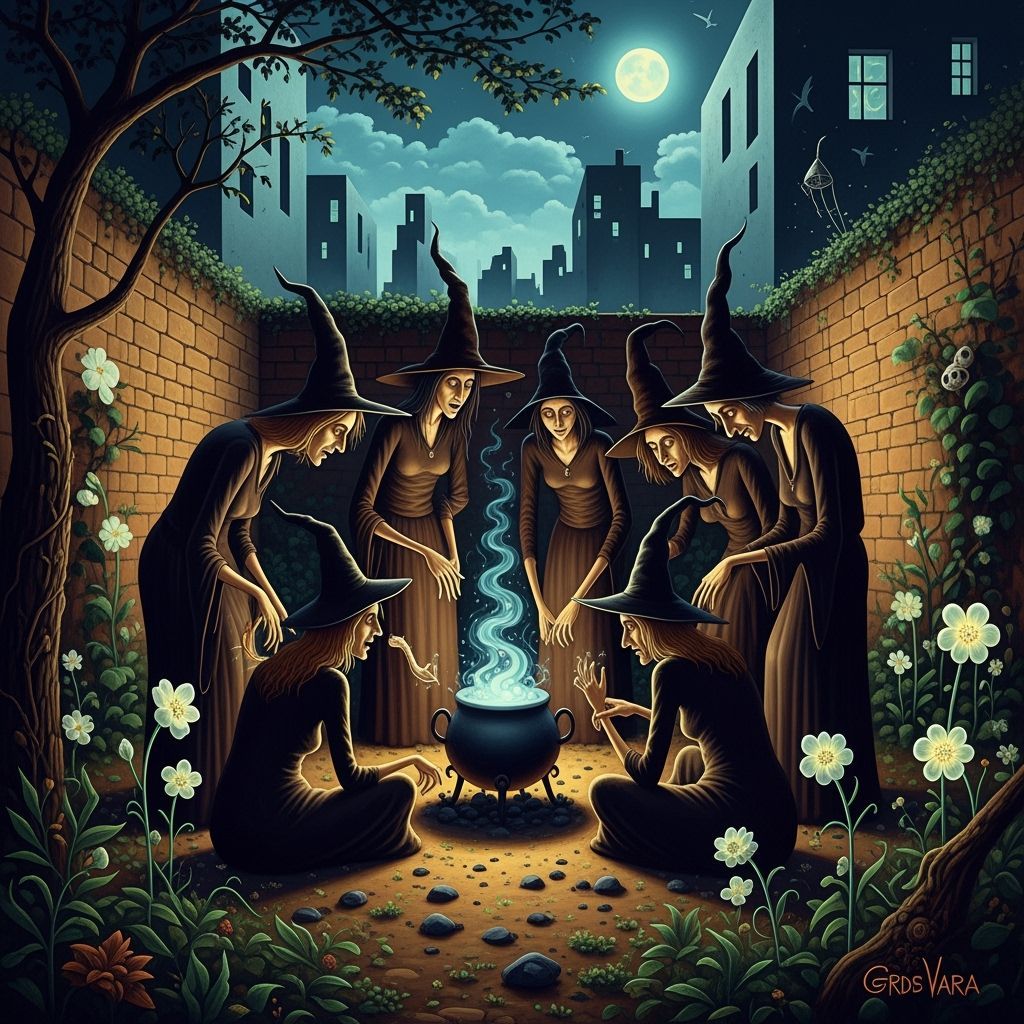 Surrealist Witches Coven in Moonlit Urban Garden