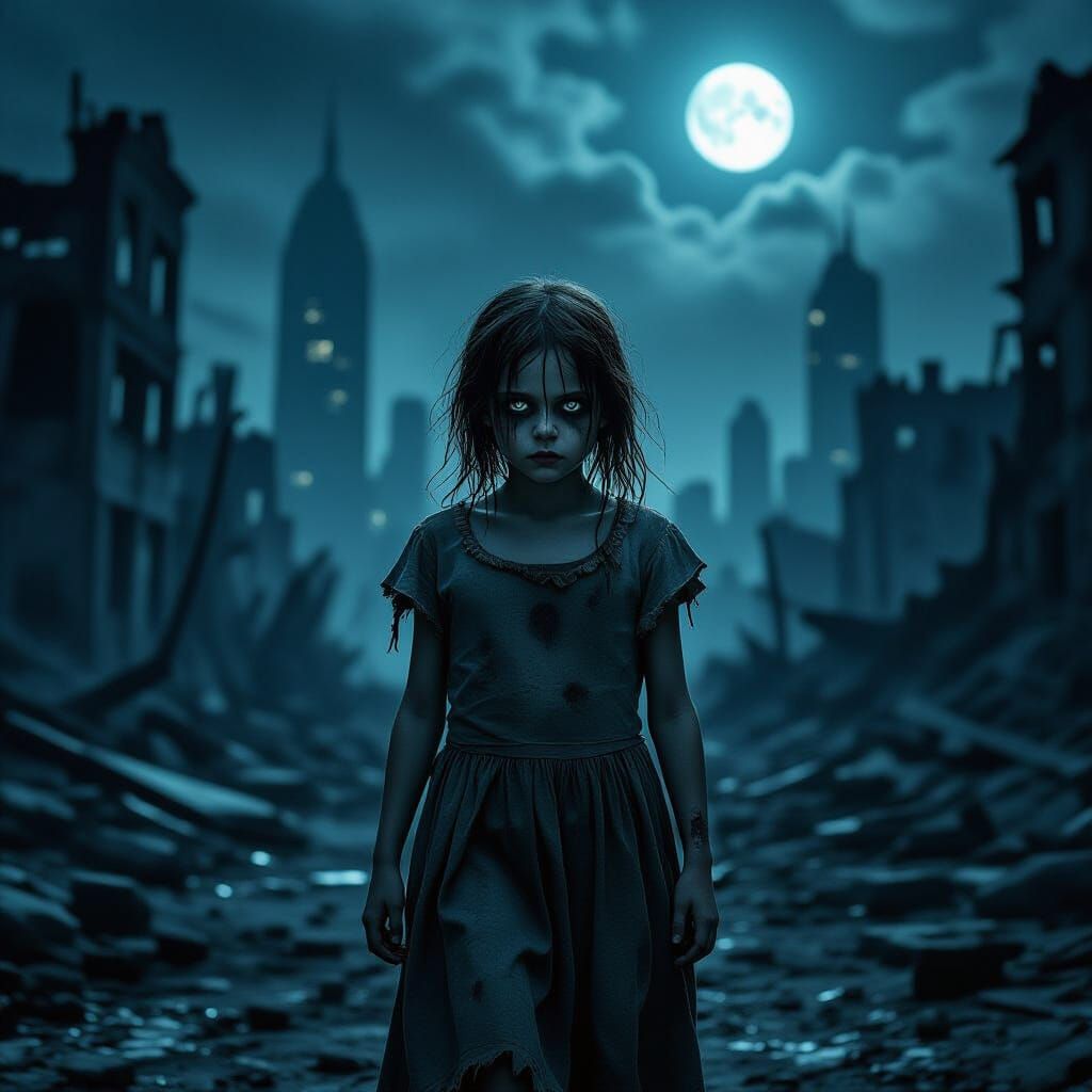 Zombie Child in Post-Apocalyptic City Ruins