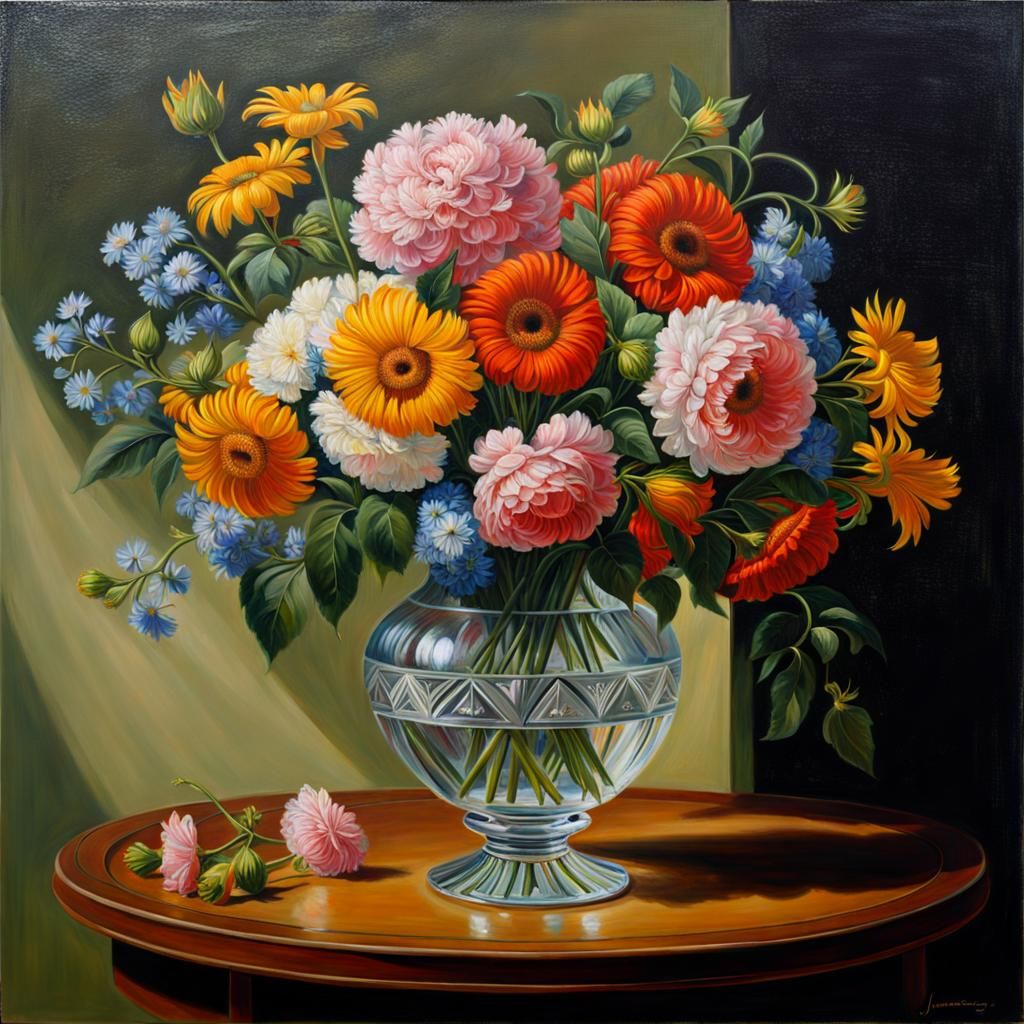 Hyperrealistic Still Life: Bouquet in Crystal Vase