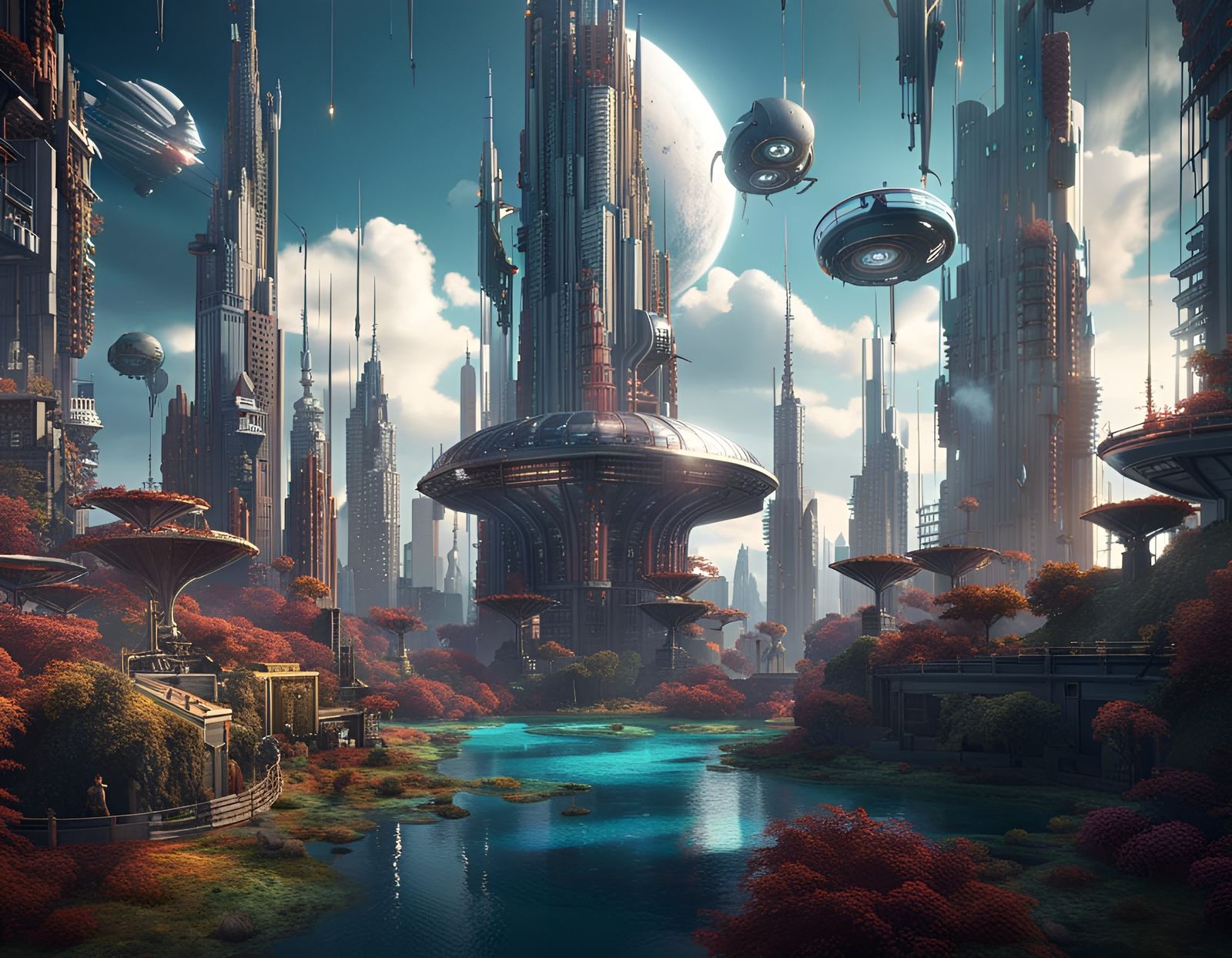 Utopian Cityscape with Spaceships: Fantasy Concept Art