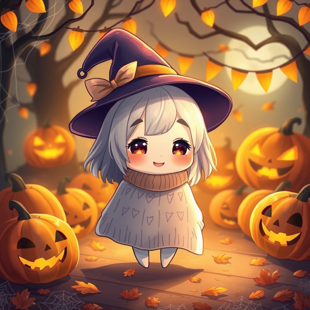 Chibi Ghost Girl in Cozy Halloween Scene