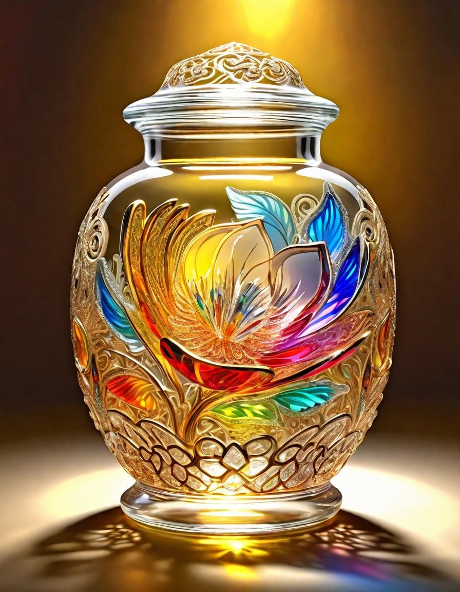 Glass Flower in Crystal Jar with Gold Filigree