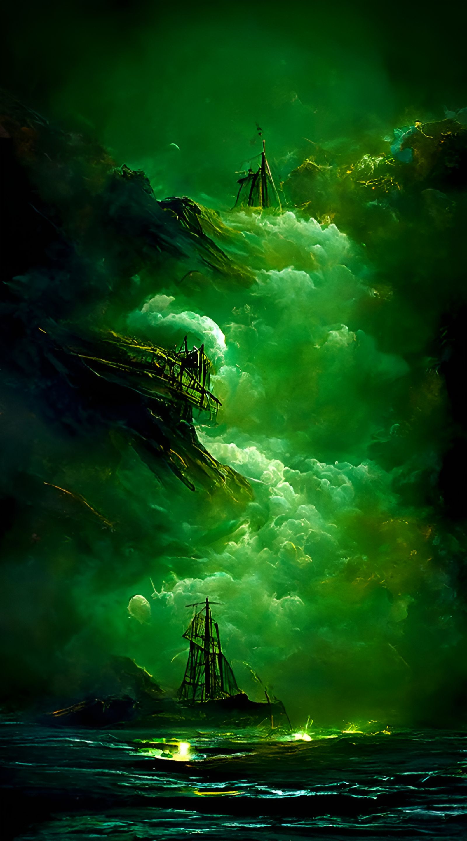 Ghost Ship in Luminous Green Cloudscape