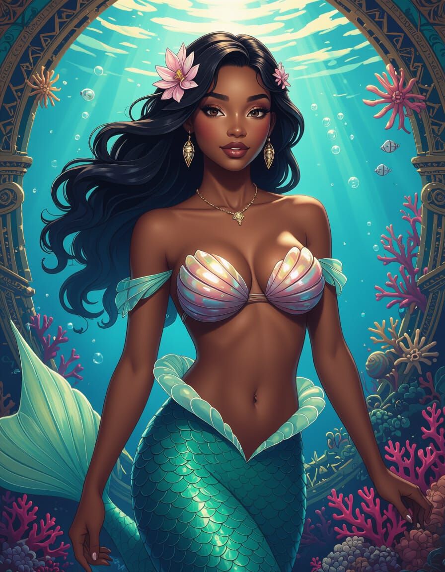 Hyperrealistic Art Deco Mermaid in Underwater World