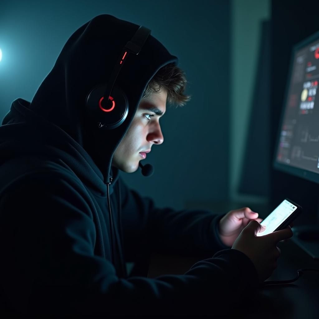 Intense Gamer on Phone in Atmospheric Sci-Fi Style