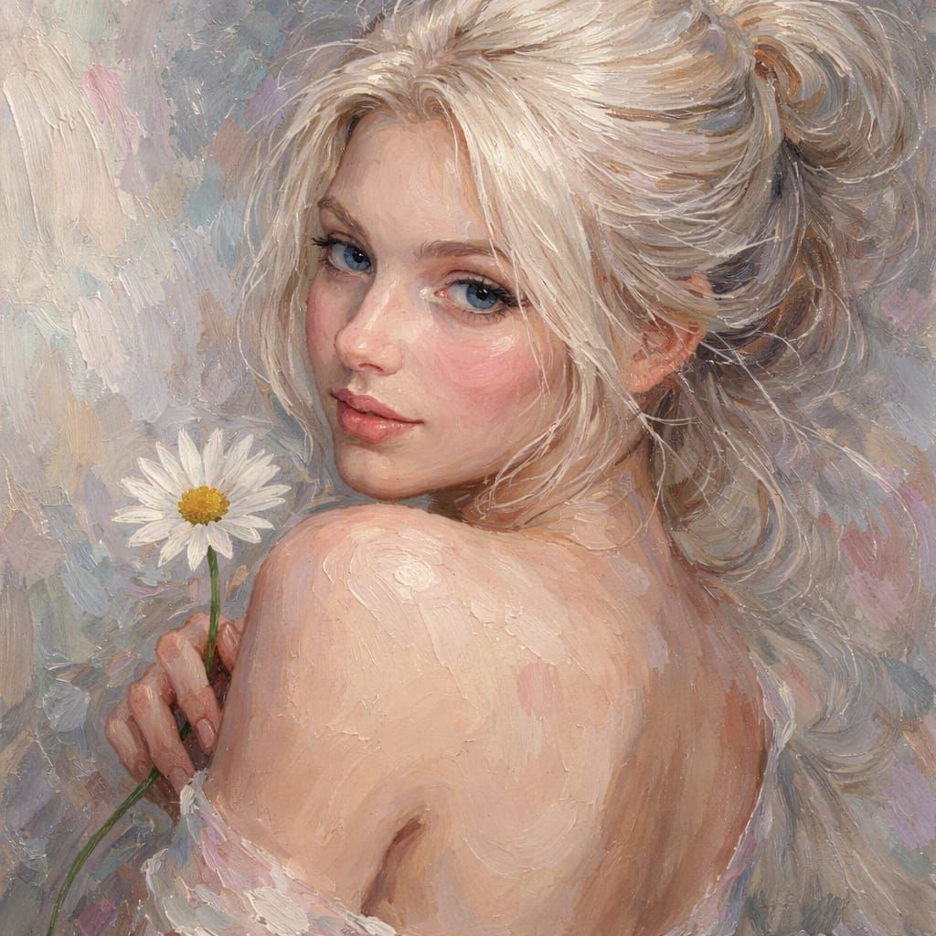 Impasto Portrait of a Blonde Woman with Mystic Smile