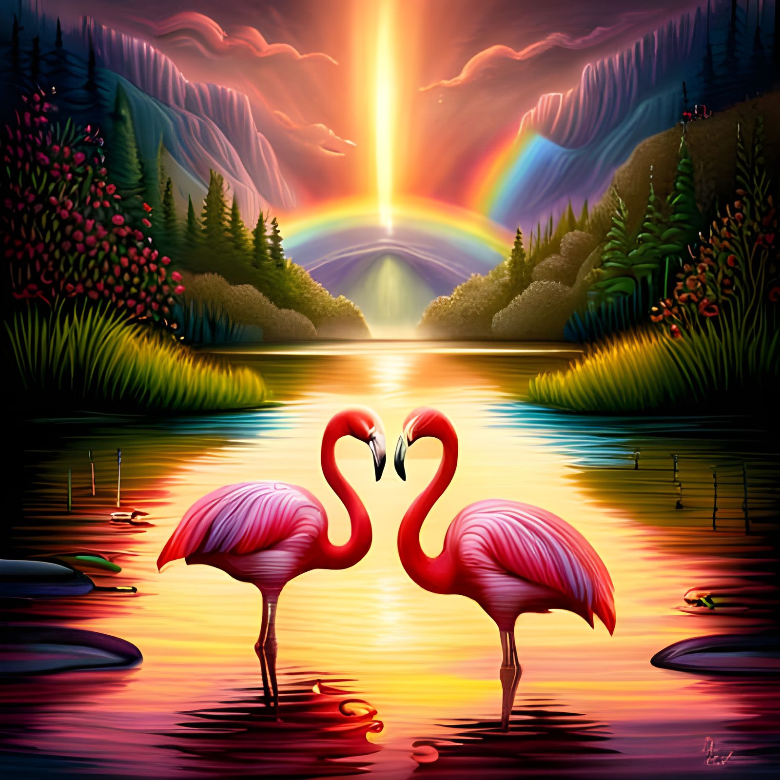 Rainbow Flamingos in Love: Digital Painting