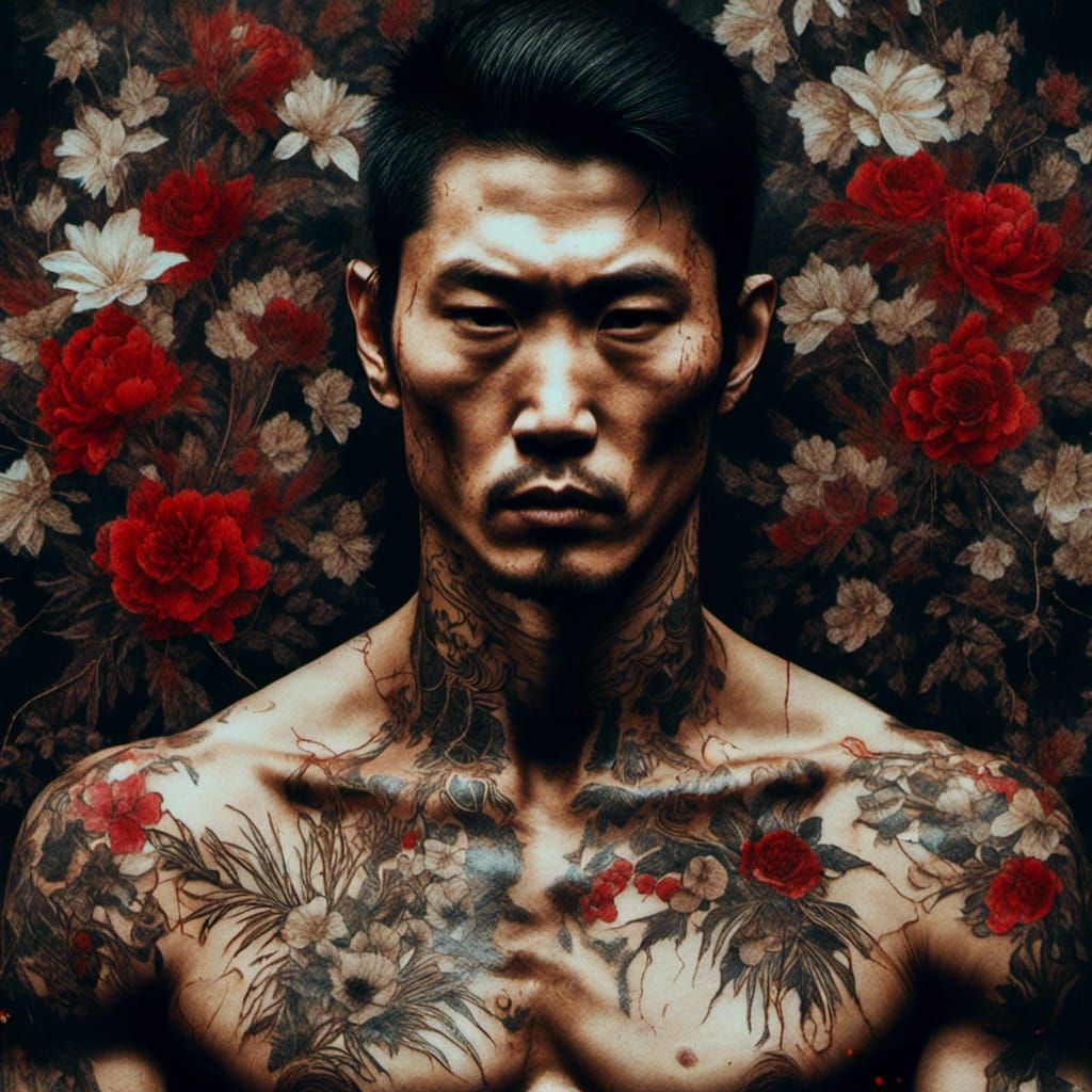 Yakuza Portrait with Floral Transparency in Digital Art