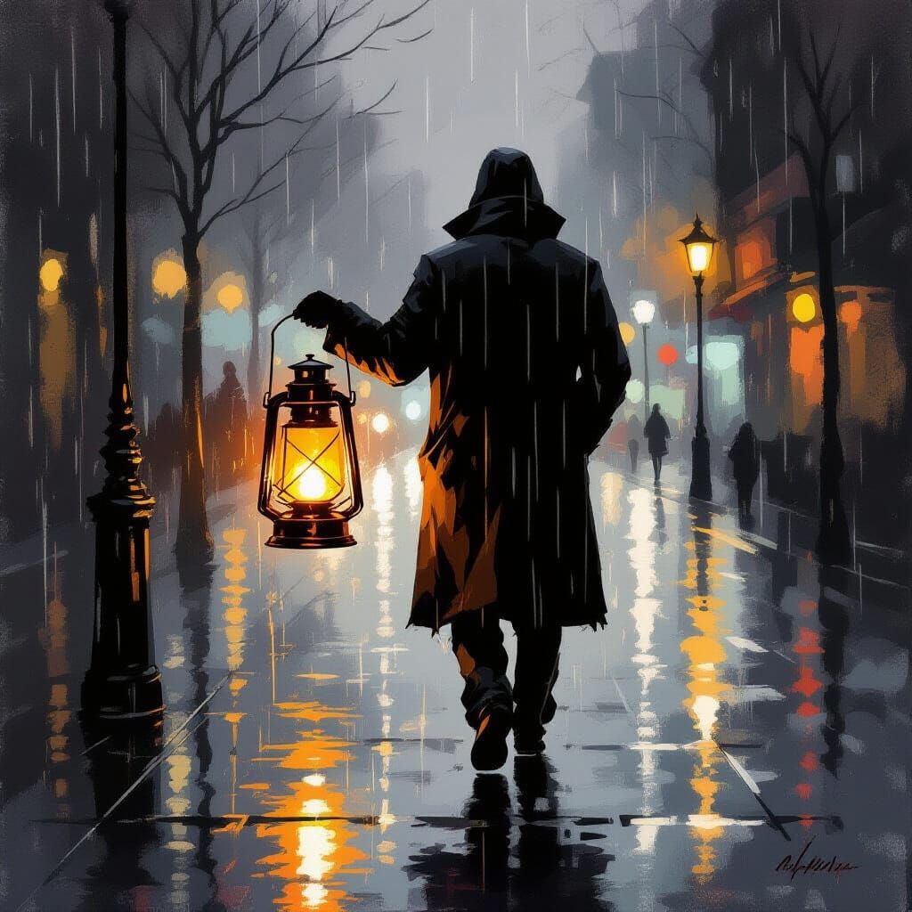 Figure Holds Glowing Lantern on Wet Pavement