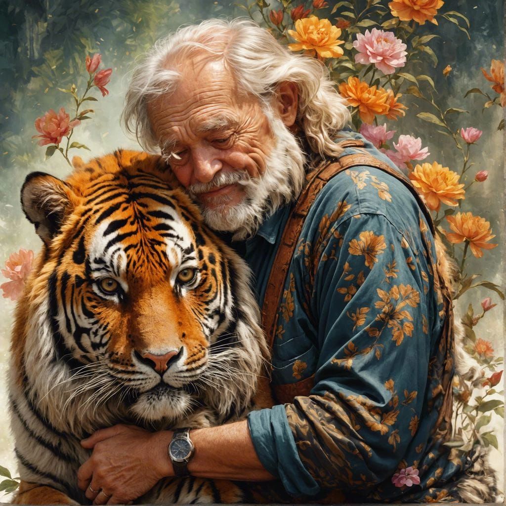 Old Man and Tiger Hug: Animated Watercolor Portrait