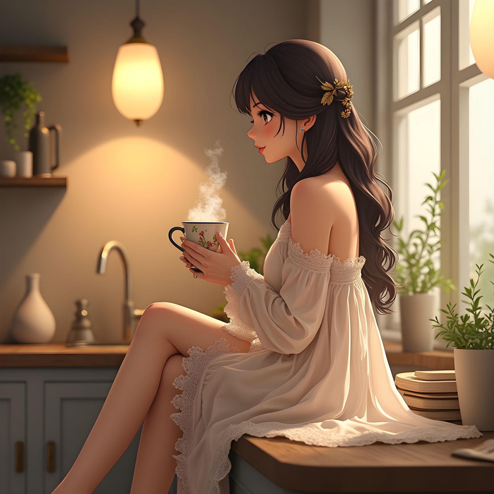 Woman on Counter in Delicate Nightdress: 3D Anime Art