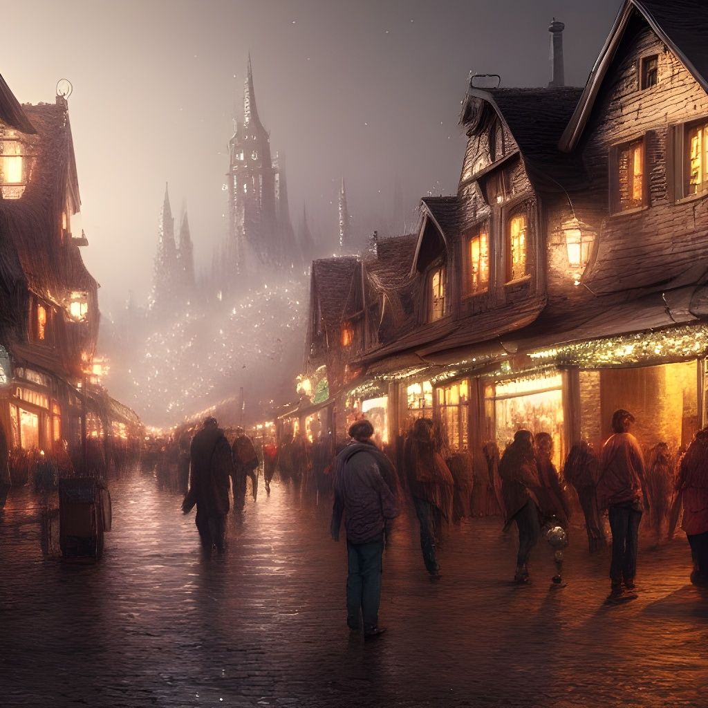 Lively Village Scene in Silver Lights