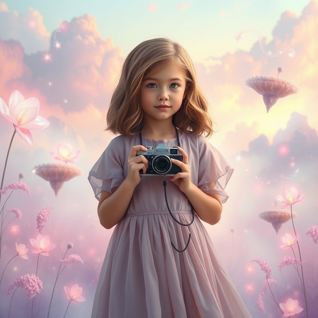 Girl in Whimsical Dreamscape with Pastel Hues and Ethereal C...