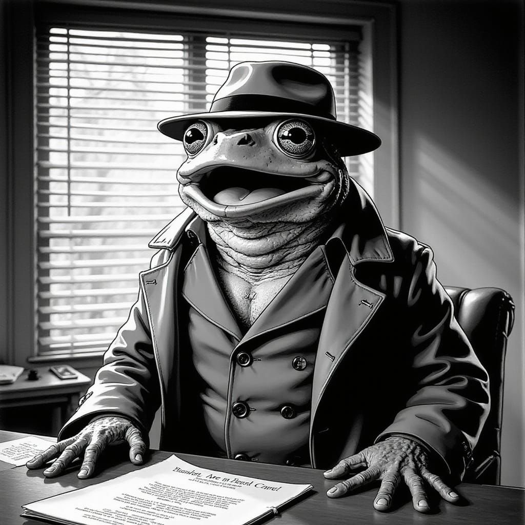 Surprised Frog Detective in Film Noir Shadows