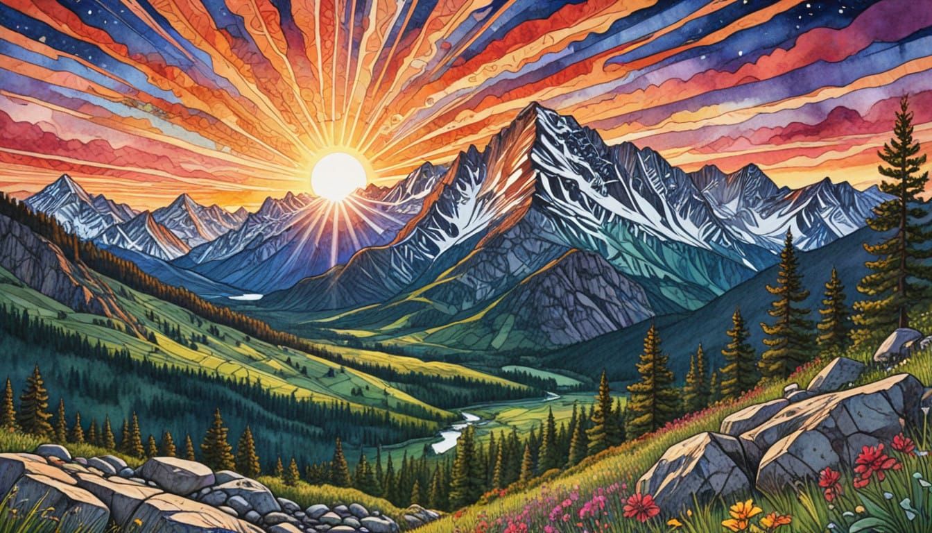 Colorful Zentangle Sunrise Over Rocky Mountains