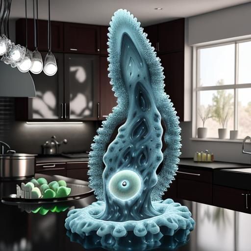 Giant Amoebas Cook in a Modern Kitchen