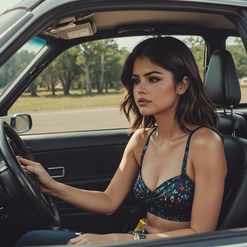 Selena Gomez Driving: Cinematic Film Still