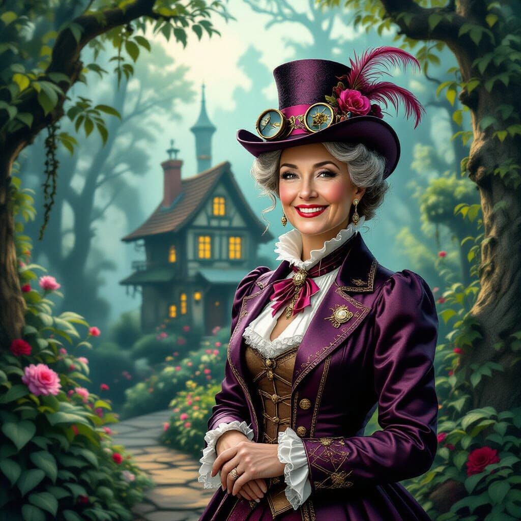 Mature Woman in Steampunk Outfit in Cyberpunk Cottage