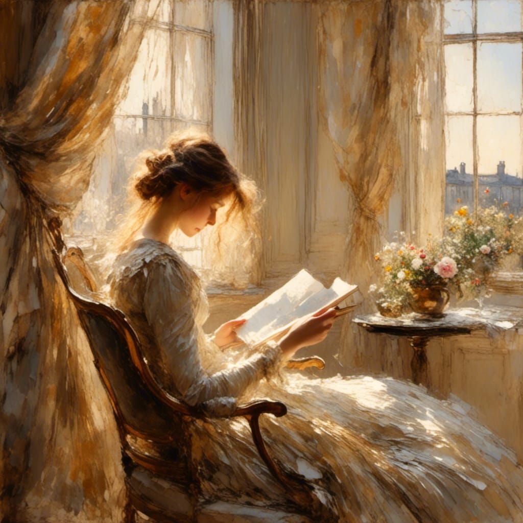 Woman Reading by Window in Impressionist Style