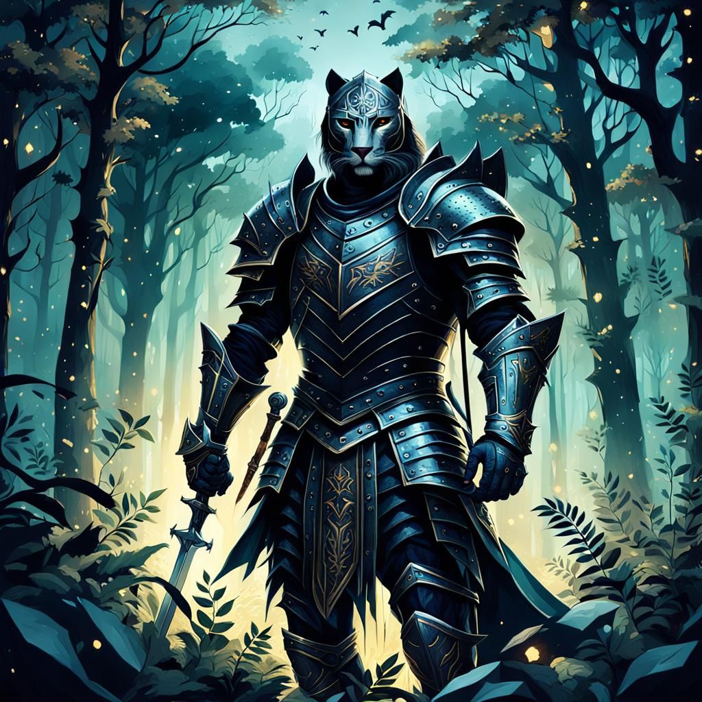 Panther Knight in Dimly Lit Forest
