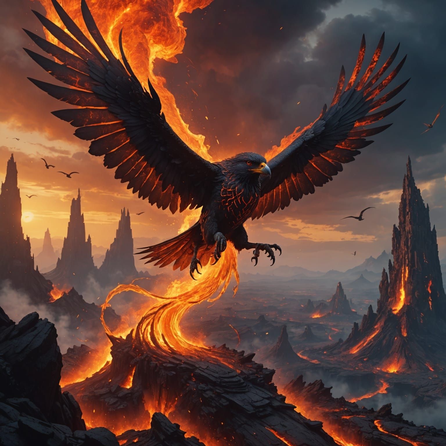 Lava Bird Flying in a Fiery Sky