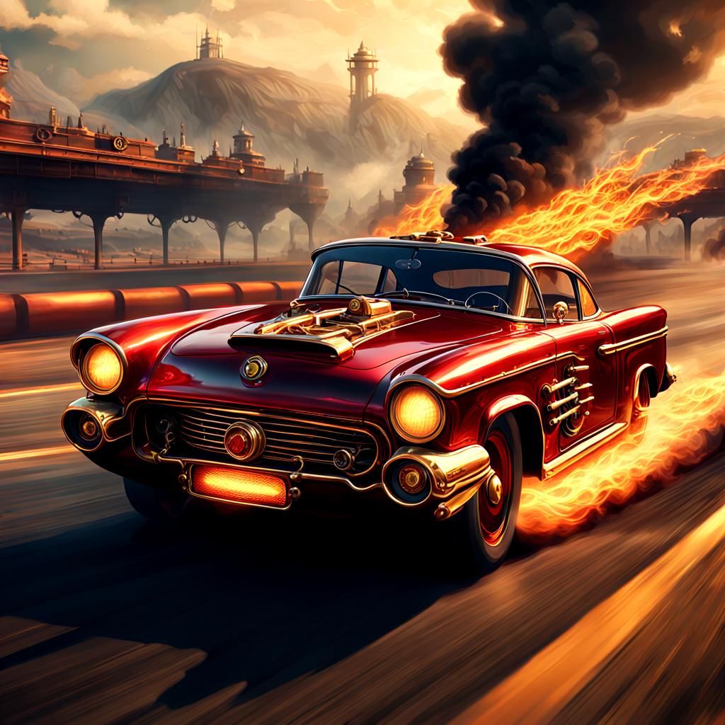 Red Steampunk Super Car on Racetrack