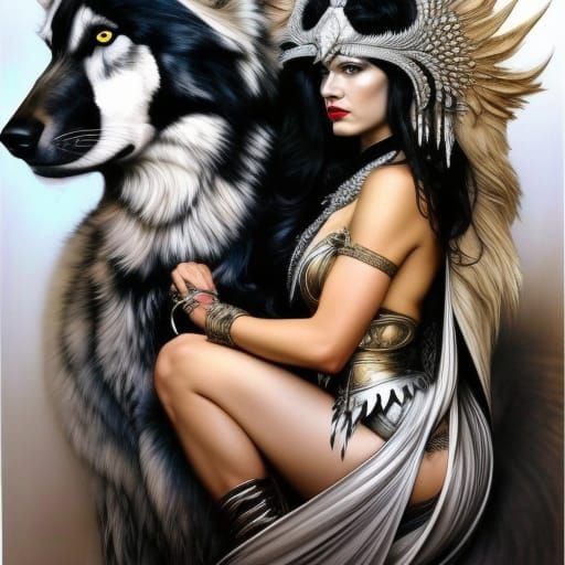 White Wolf and Black Hair Woman: Charcoal Pastel Drawing