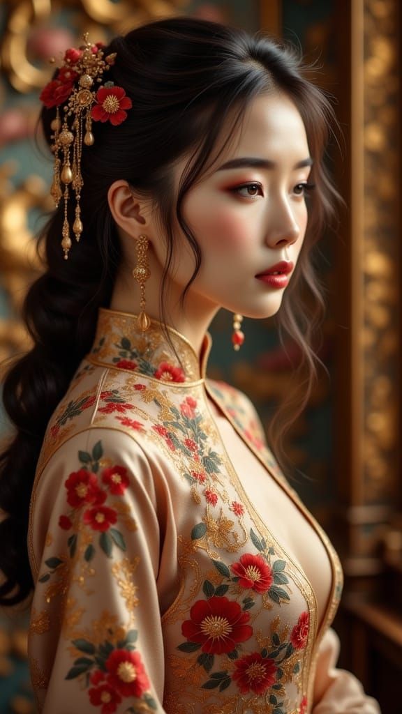 Elegant Anglo-Chinese Woman in Opulent Portrait