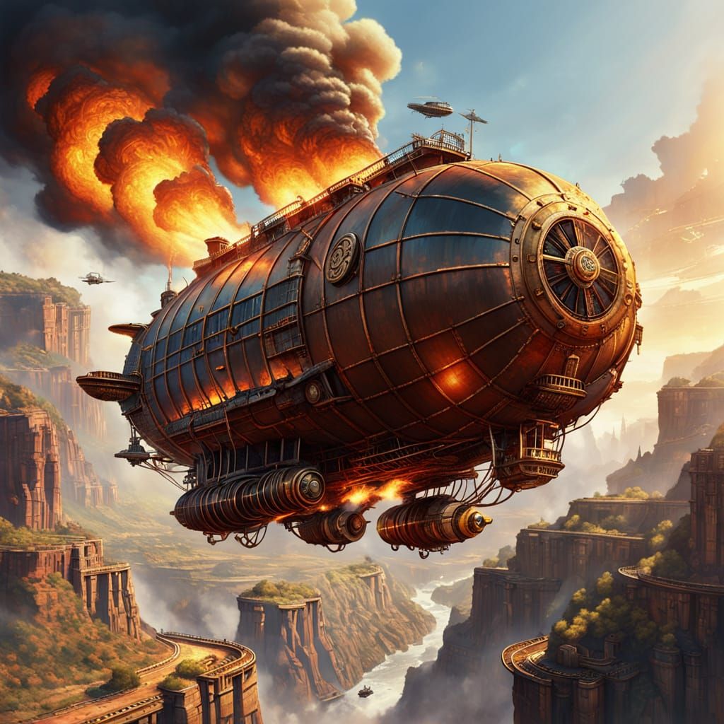 Steampunk Airship Catches Fire Over Smoky Canyon