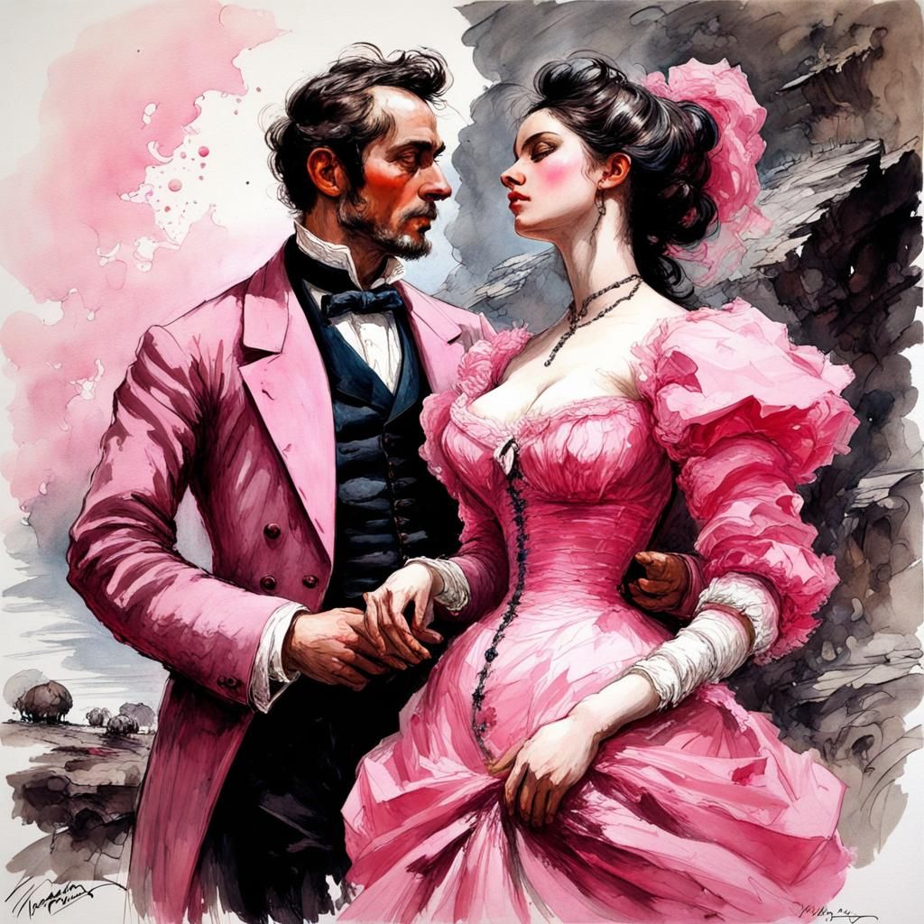 Victorian Couple in Ink Wash Style