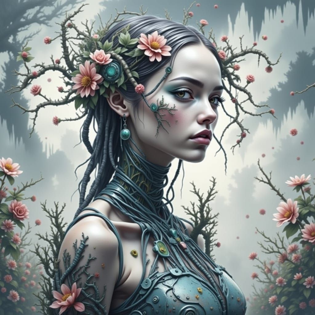 Cyborg Woman Trapped in Kudzu Coral Web