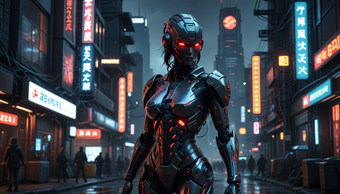 Cyberpunk Android in Neon Cityscape: Realistic Sci-Fi Art