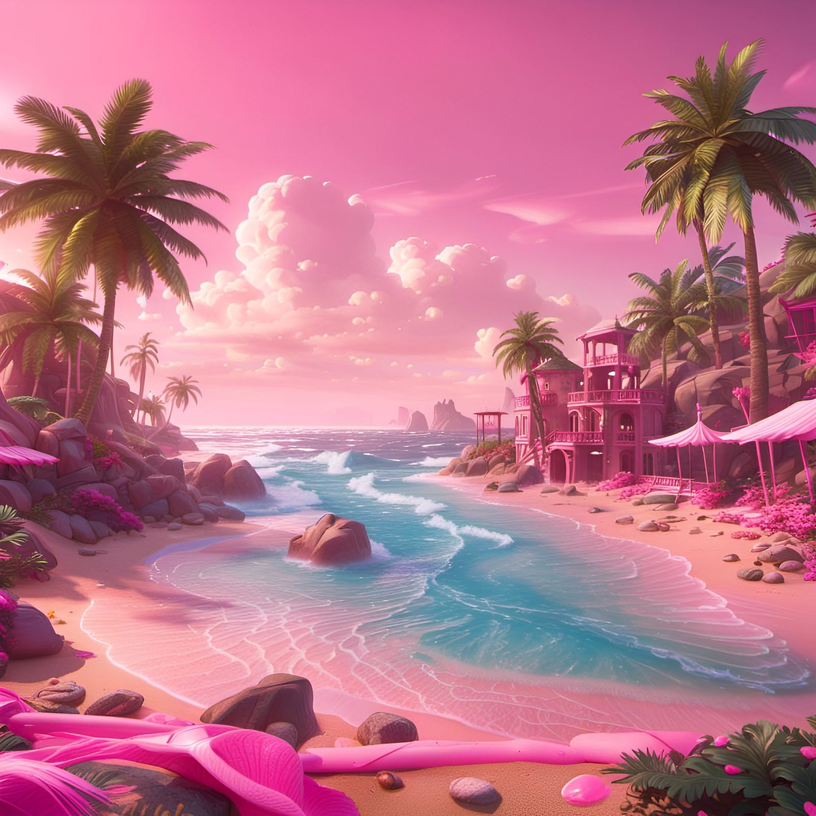 Pink Barbie Beach World in Detailed Digital Art
