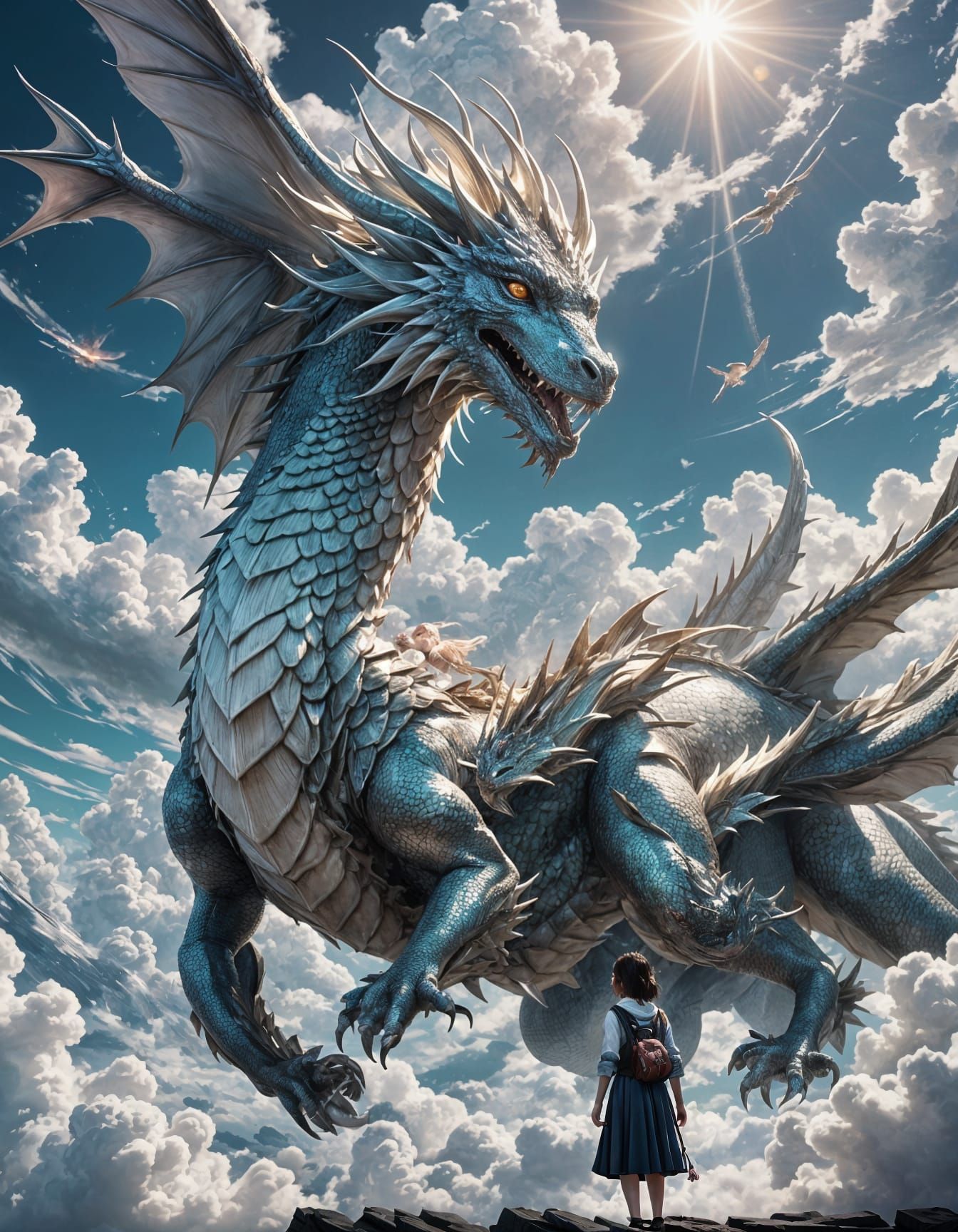 Girl and Silver Dragon in Fairyland Scene