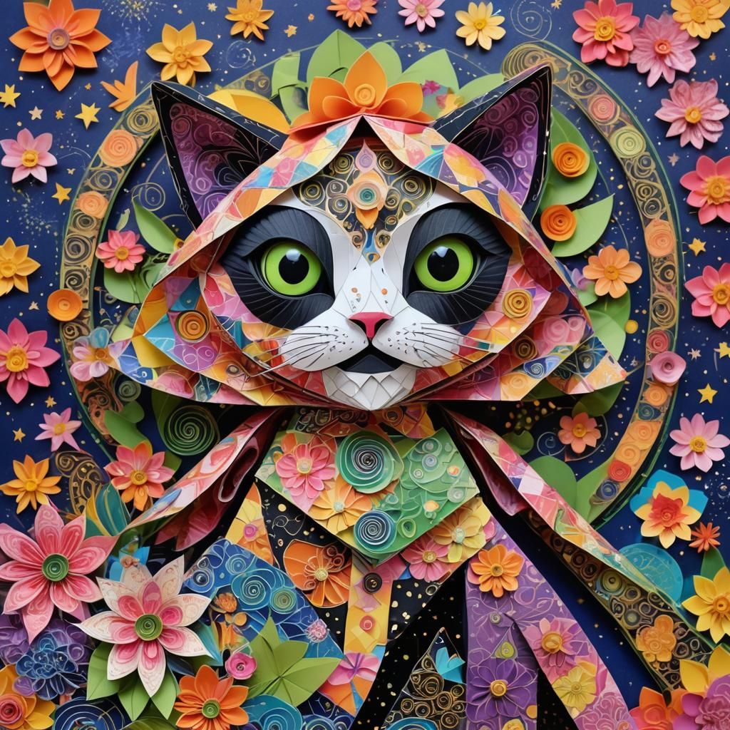 Intricate Origami Doll and Cat with Starry Backdrop