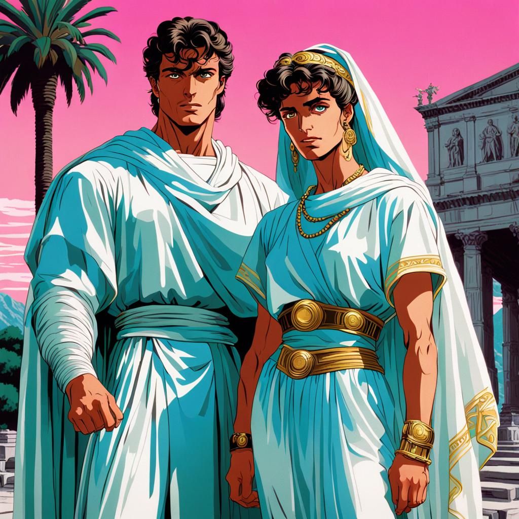 Vaporwave Roman Couple in Hyperrealistic Style