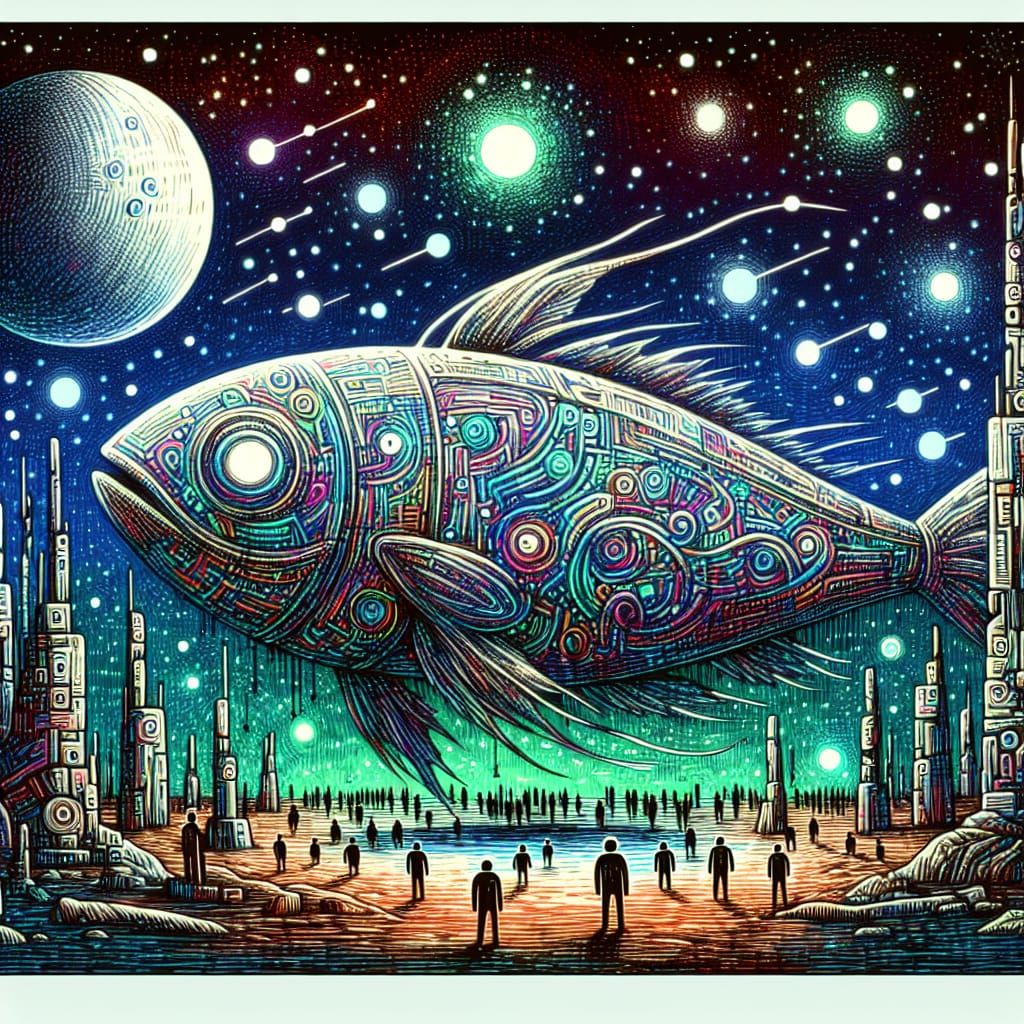 Luminescent Fish Megalith on Exoplanet in Sci-Fi Poster