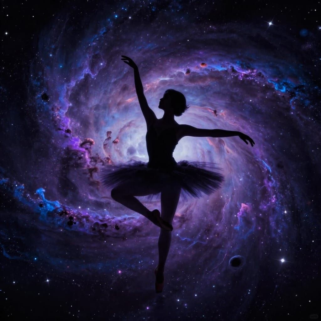 Ballet Dancer Silhouette Against Cosmic Nebula