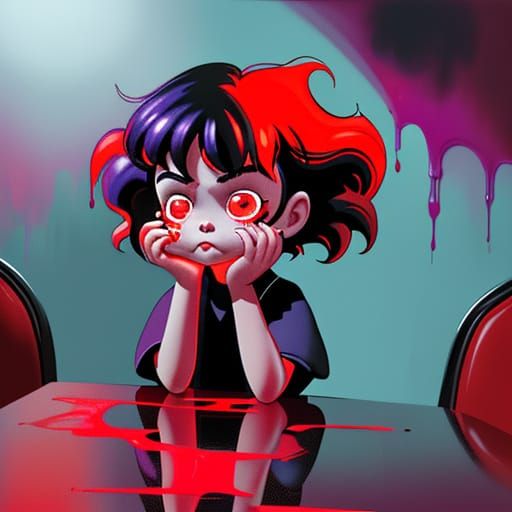 Gothic Pop Art Child Drinks Tomato Juice in a Haunting Dinin...