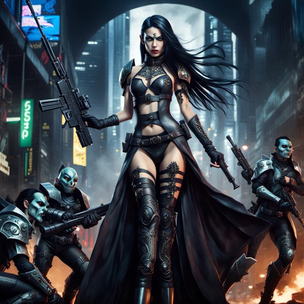 Cyberpunk Elf Sorceress Shoots Assault Rifle