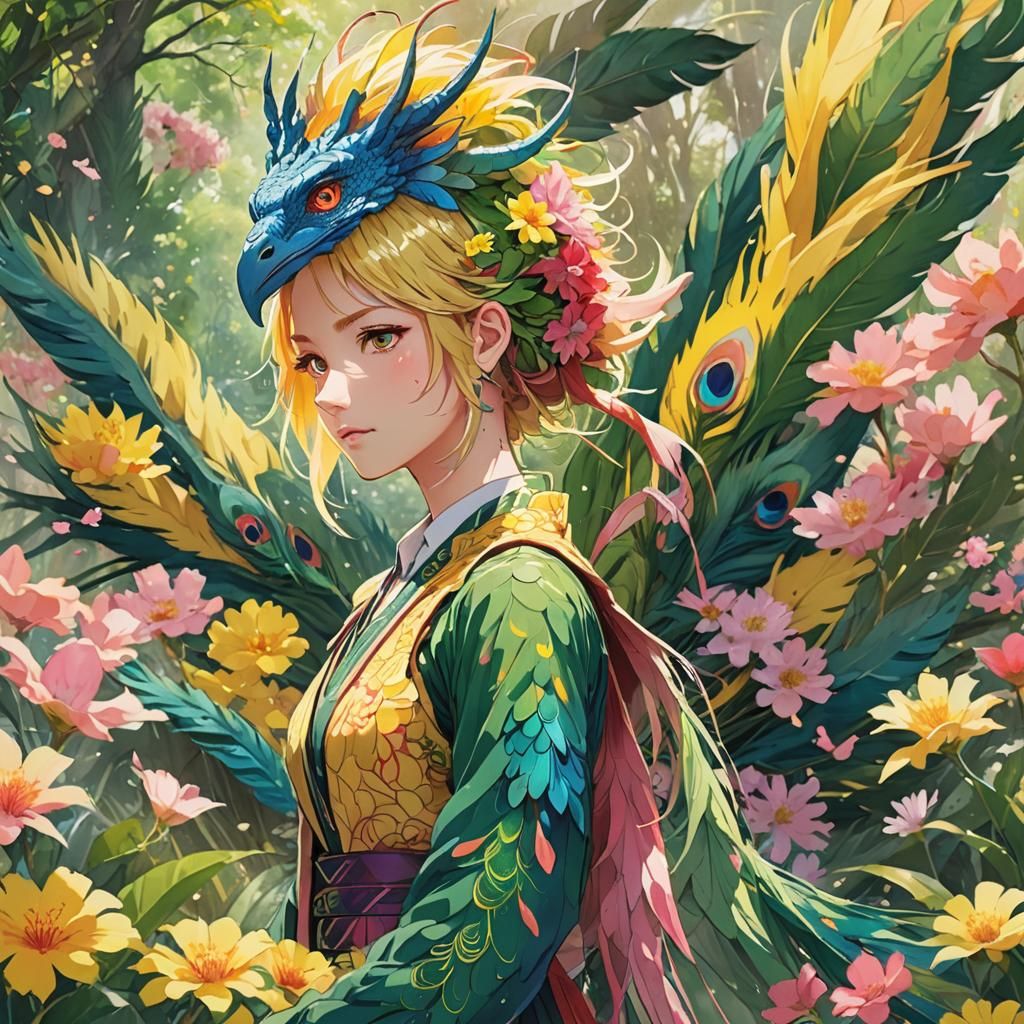 Dragon Peacock Woman in Anime Watercolor Style