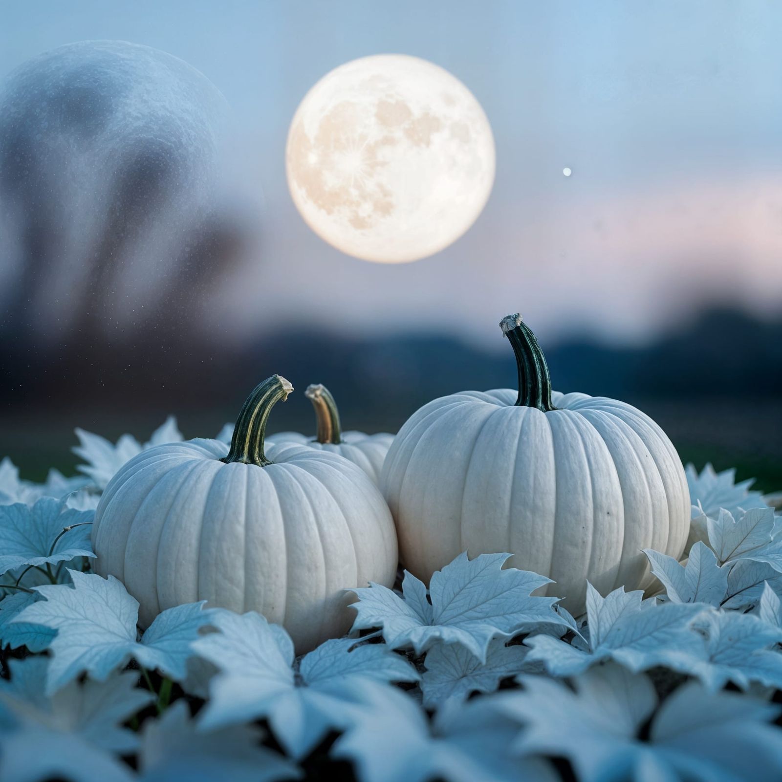 White Pumpkins Amidst Autumn Leaves Under Moonlight