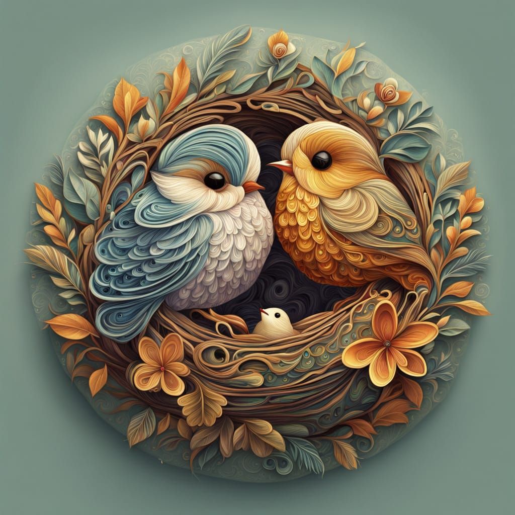 Mother Robin and Brood: Gouache Concept Art