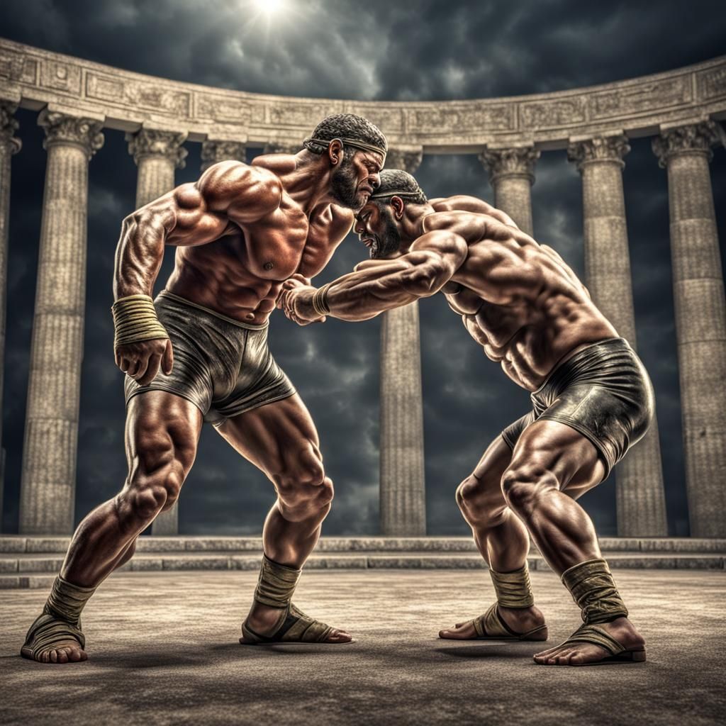 Muscular Wrestlers in Ancient Greek Photorealistic Style