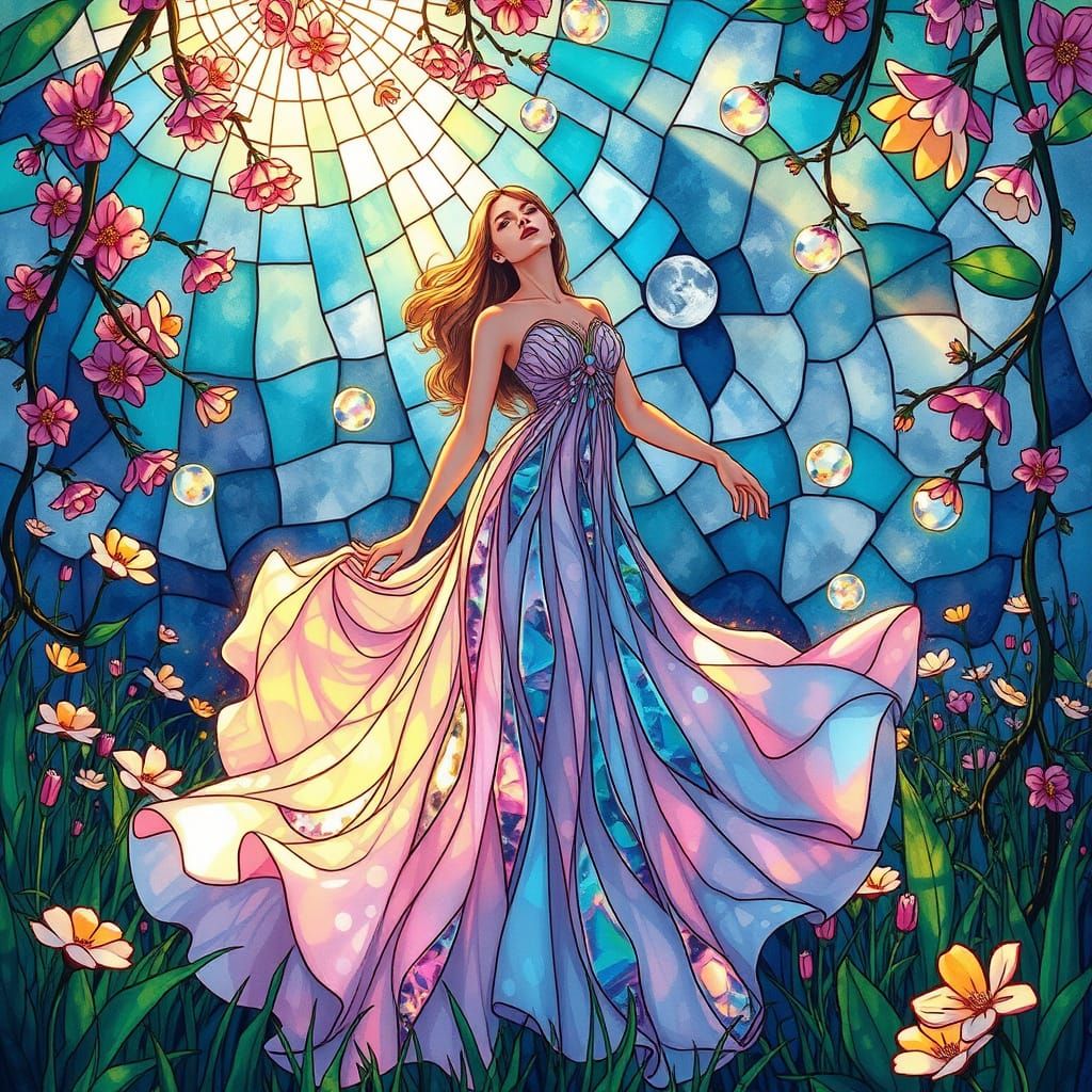 Stained Glass Muse in Sunlit Meadow