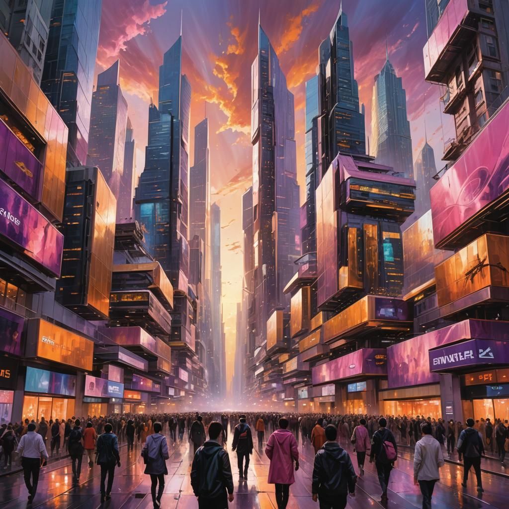Futuristic Cityscape at Sunset: Digital Oil Painting