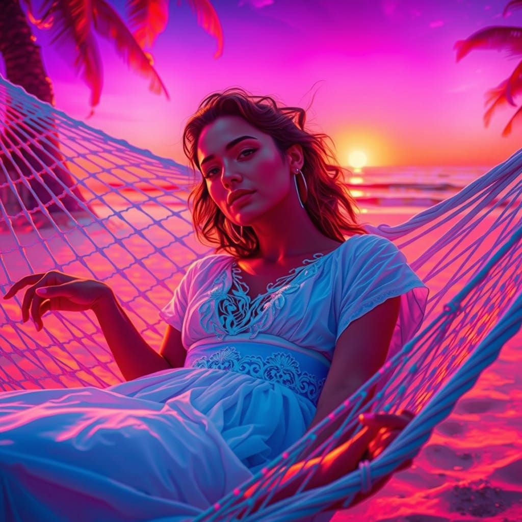Ethereal Woman in a Hammock at Sunset
