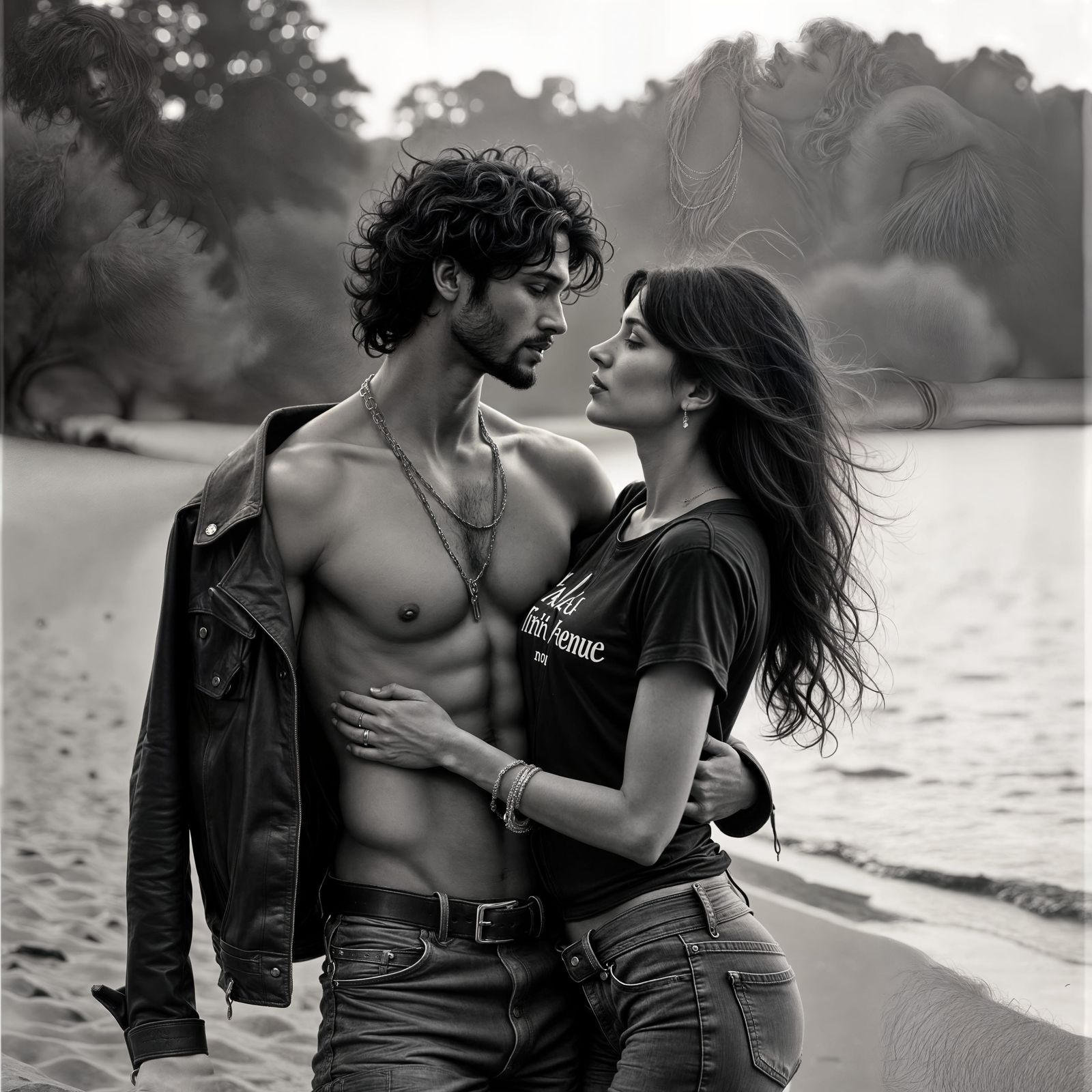 Tender Embrace on Beach Black and White Photo